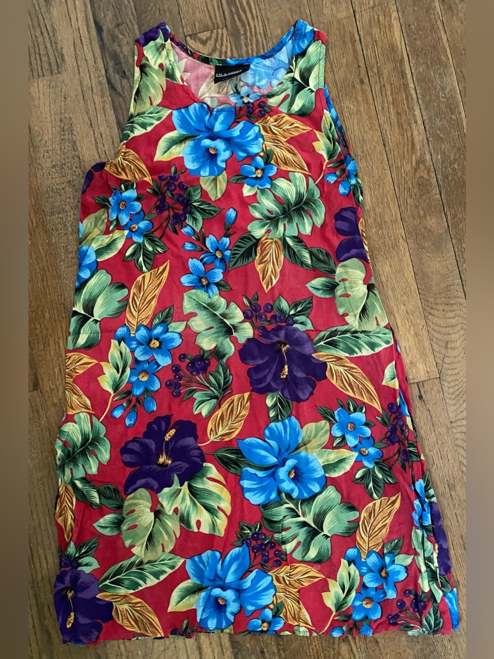 Tropical Red Floral Mini Dress with Blue Accents